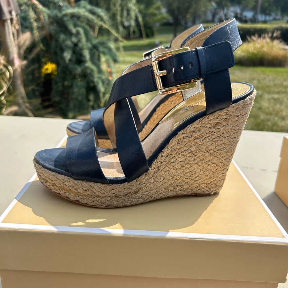 MICHAEL Michael Kors Navy Espadrille Wedge Sandals with Gold Buckle